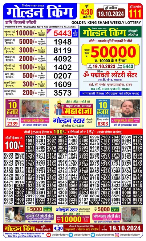golden king shani weekly lottery result
